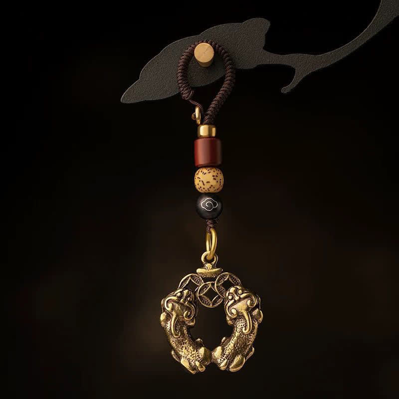Buddha Stones Portachiavi vintage in ottone con doppia moneta cinese Pi Xiu, simbolo di ricchezza. - Portachiavi con moneta cinese Pi Xiu (dimensioni del ciondolo: circa 30*20 mm) - image 0