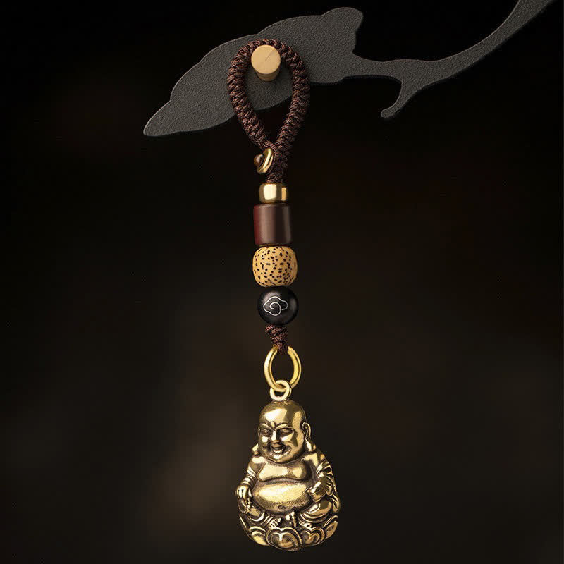 Buddha Stones Portachiavi intrecciati in ottone con Buddha che ride e portafortuna. - Buddha che ride con corda (Dimensioni del ciondolo: 33*22*0,8 mm) - image 0