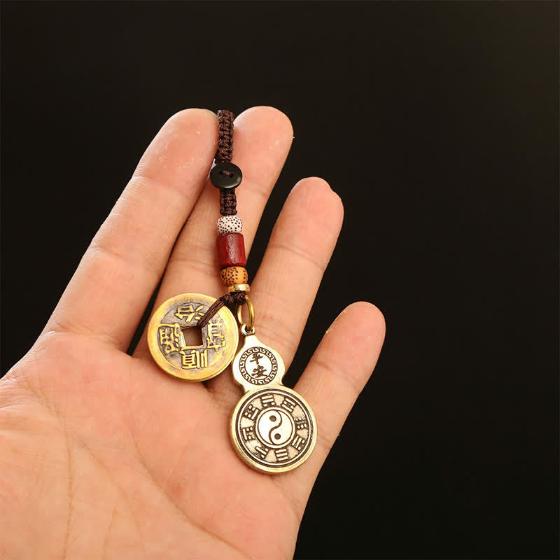 Buddha Stones Ciondolo in ottone Bagua Zucca Pi Xiu Cinque Monete Imperatore Amuleto di Protezione Portachiavi - image 13