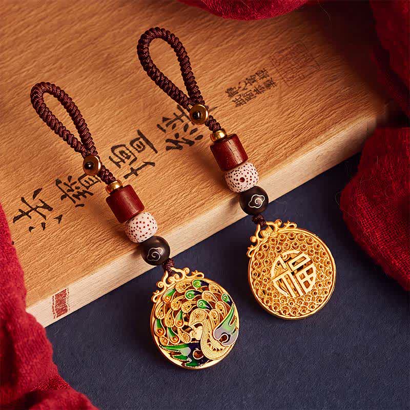 Buddha Stones Portachiavi vintage con ciondolo a forma di pavone Fu in rame - image 0