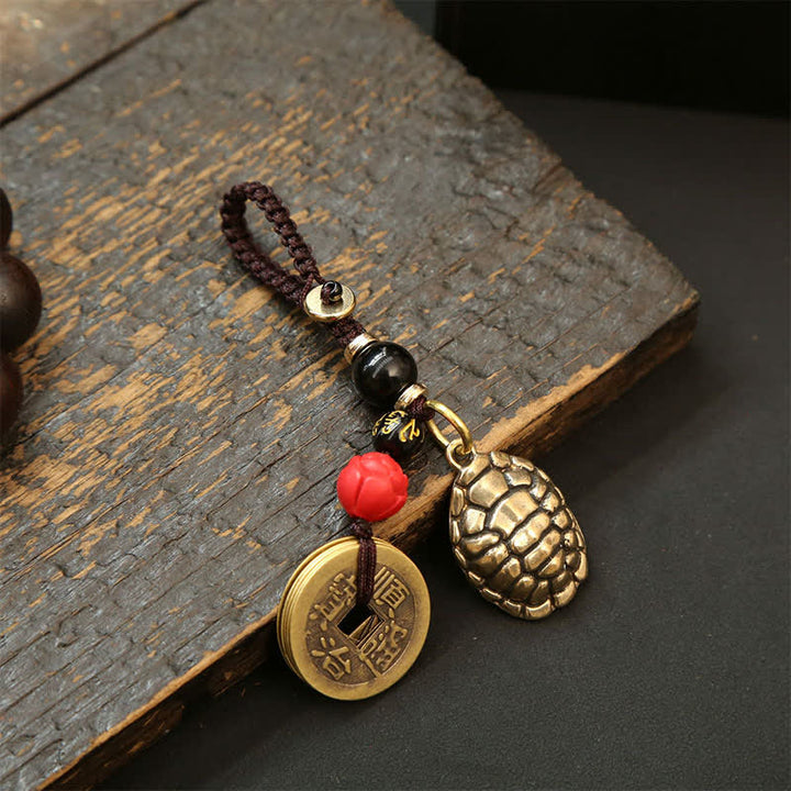 Buddha Stones Portachiavi di protezione con tartarughe in ottone, monete Pi Xiu e cinque imperatori - Monete dell'Imperatore Tartaruga Cinque - image 16