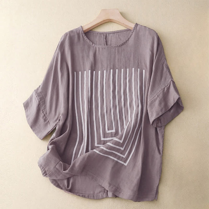 Maglietta da donna in cotone e lino a maniche corte con motivo stampato a linee casuali Buddha Stones - Cardo - US12, UK/AU16, EU44 (2XL) - image 17