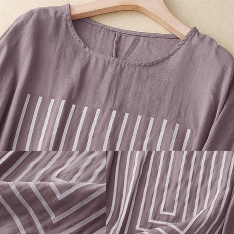 Maglietta da donna in cotone e lino a maniche corte con motivo stampato a linee casuali Buddha Stones - image 18