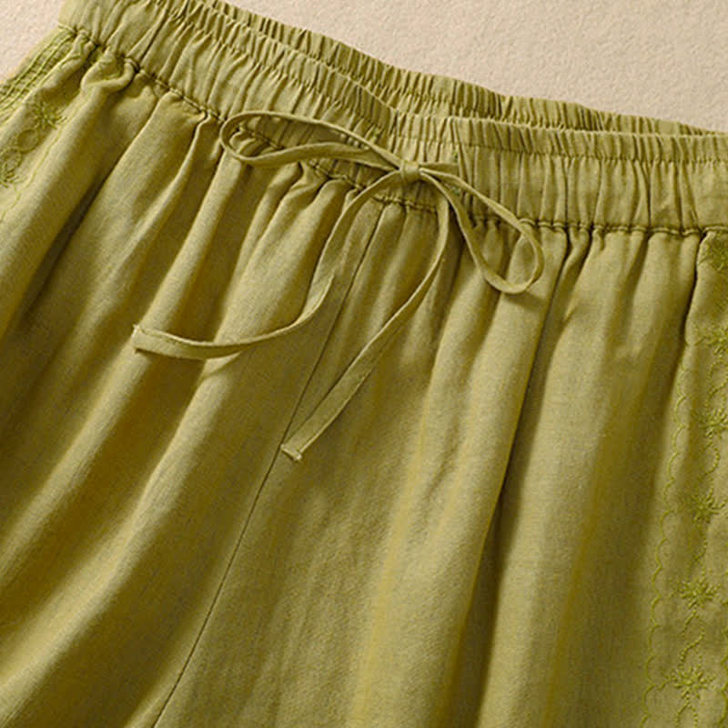 Pantaloncini da donna casual con coulisse e tasche, con ricamo floreale e motivo Buddha Stones. - image 16