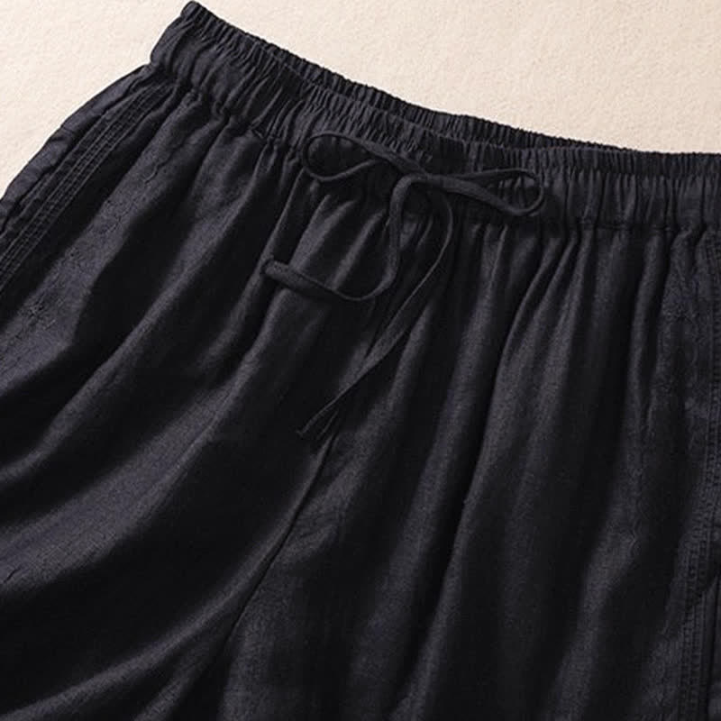 Pantaloncini da donna casual con coulisse e tasche, con ricamo floreale e motivo Buddha Stones. - image 5