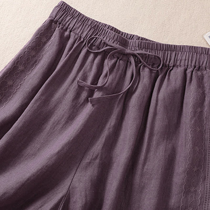 Pantaloncini da donna casual con coulisse e tasche, con ricamo floreale e motivo Buddha Stones. - image 2
