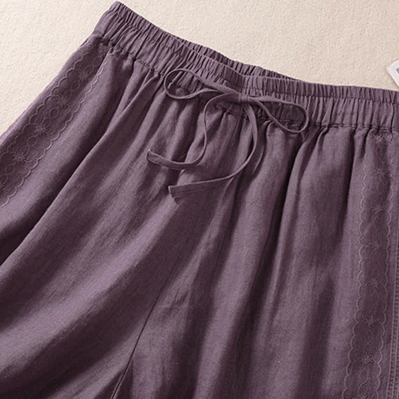 Pantaloncini da donna casual con coulisse e tasche, con ricamo floreale e motivo Buddha Stones. - image 2