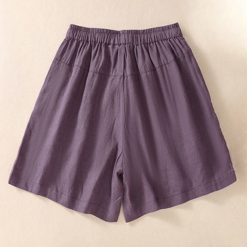 Pantaloncini da donna casual con coulisse e tasche, con ricamo floreale e motivo Buddha Stones. - image 1