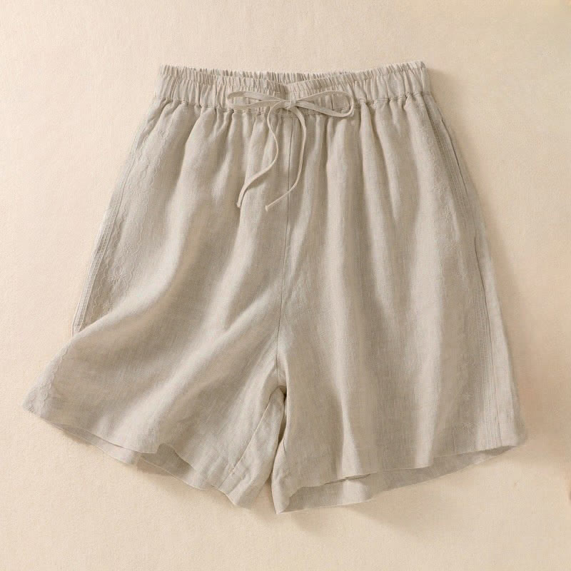 Pantaloncini da donna casual con coulisse e tasche, con ricamo floreale e motivo Buddha Stones. - Beige - US8-10, UK/AU12-14, EU40-42 (2XL) - image 9