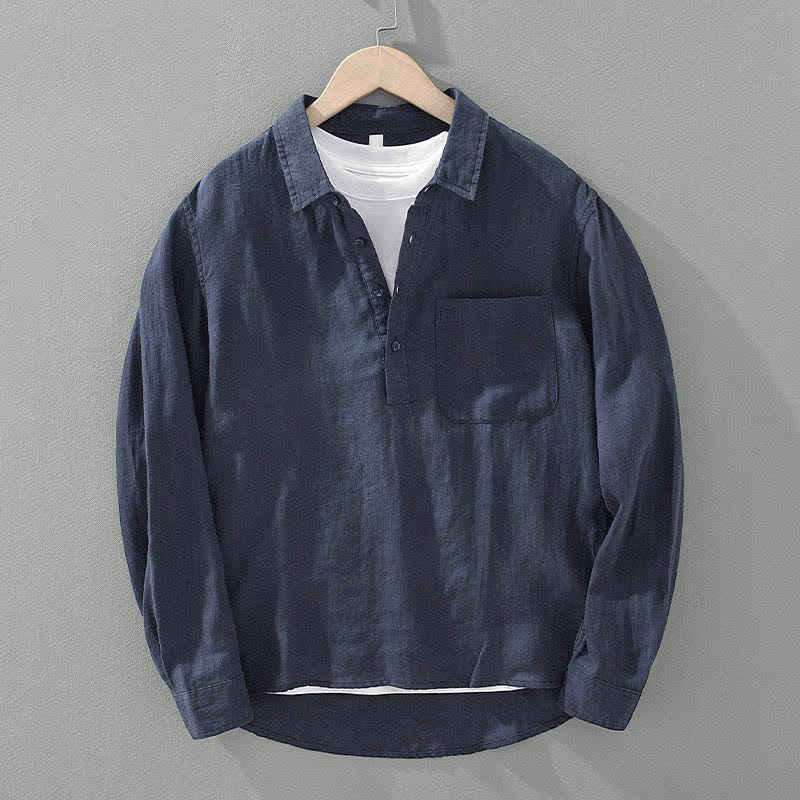 Buddha Stones Camicia da uomo estiva casual minimalista a maniche lunghe, tinta unita, con taschino applicato. - Blu mezzanotte - US/UK/AU44, EU54 (4XL) - image 0