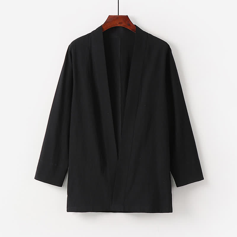 Buddha Stones Kimono da uomo estivo minimalista in tinta unita di cotone e lino con tasca. - Nero - US/UK/AU50, EU60 (7XL) - image 2