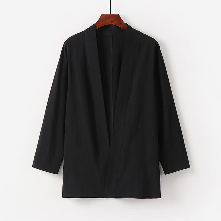 Buddha Stones Kimono da uomo estivo minimalista in tinta unita di cotone e lino con tasca. - Nero - US/UK/AU50, EU60 (7XL) - image 2
