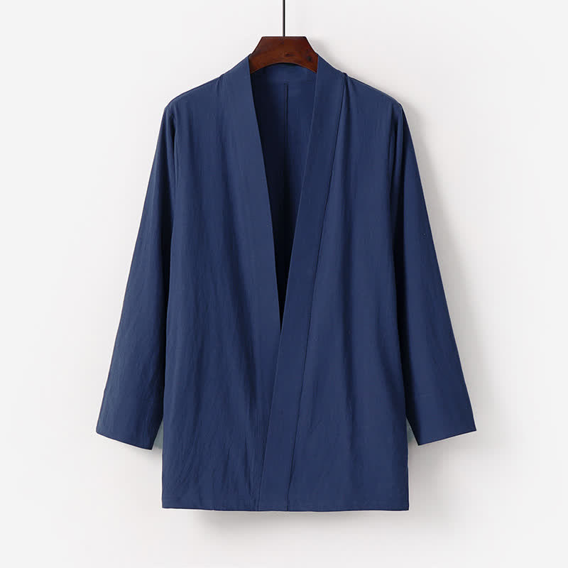Buddha Stones Kimono da uomo estivo minimalista in tinta unita di cotone e lino con tasca. - Blu notte - US/UK/AU50, EU60 (7XL) - image 0