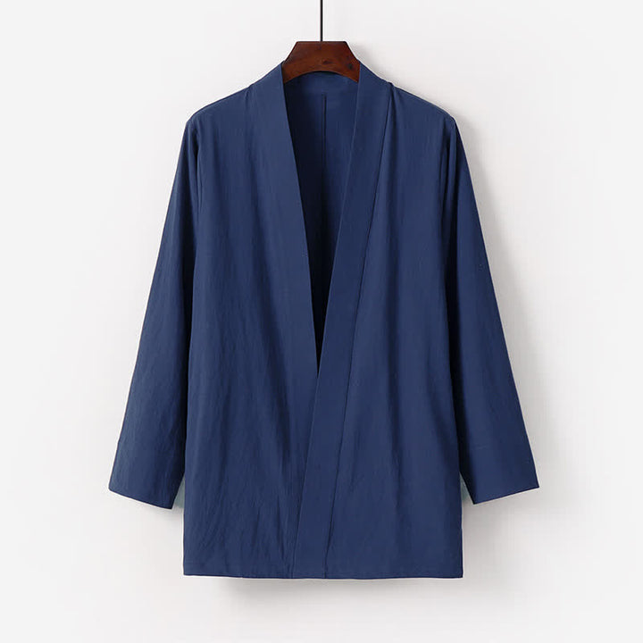 Buddha Stones Kimono da uomo estivo minimalista in tinta unita di cotone e lino con tasca. - Blu notte - US/UK/AU50, EU60 (7XL) - image 0