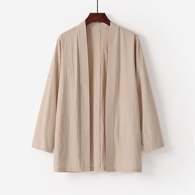 Buddha Stones Kimono da uomo estivo minimalista in tinta unita di cotone e lino con tasca. - Beige - US/UK/AU50, EU60 (7XL) - image 3