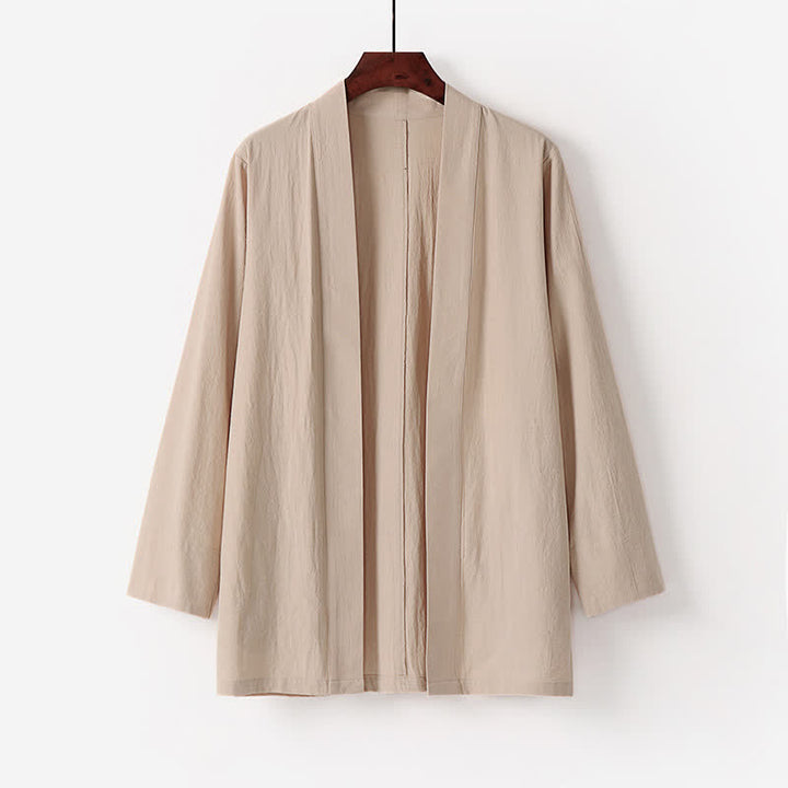 Buddha Stones Kimono da uomo estivo minimalista in tinta unita di cotone e lino con tasca. - Beige - US/UK/AU50, EU60 (7XL) - image 3