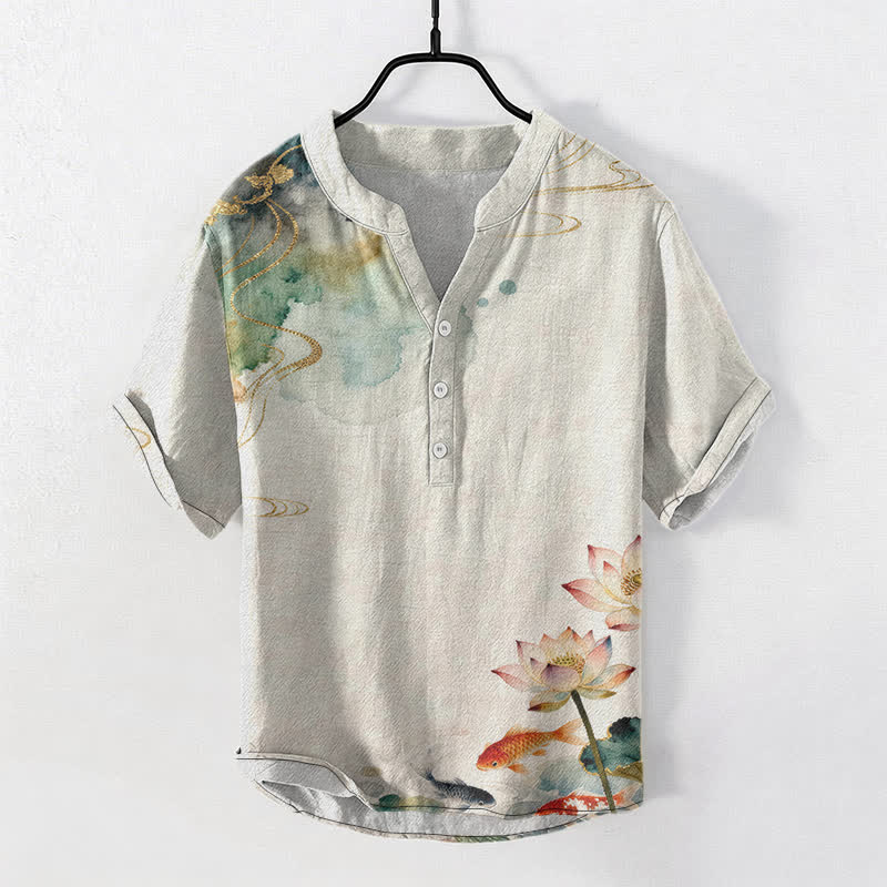 Buddha Stones Camicia da uomo a maniche corte con mezza abbottonatura e motivo di pesci koi e loto in cotone. - Biancheria - US/UK/AU50, EU60 (5XL) - image 0
