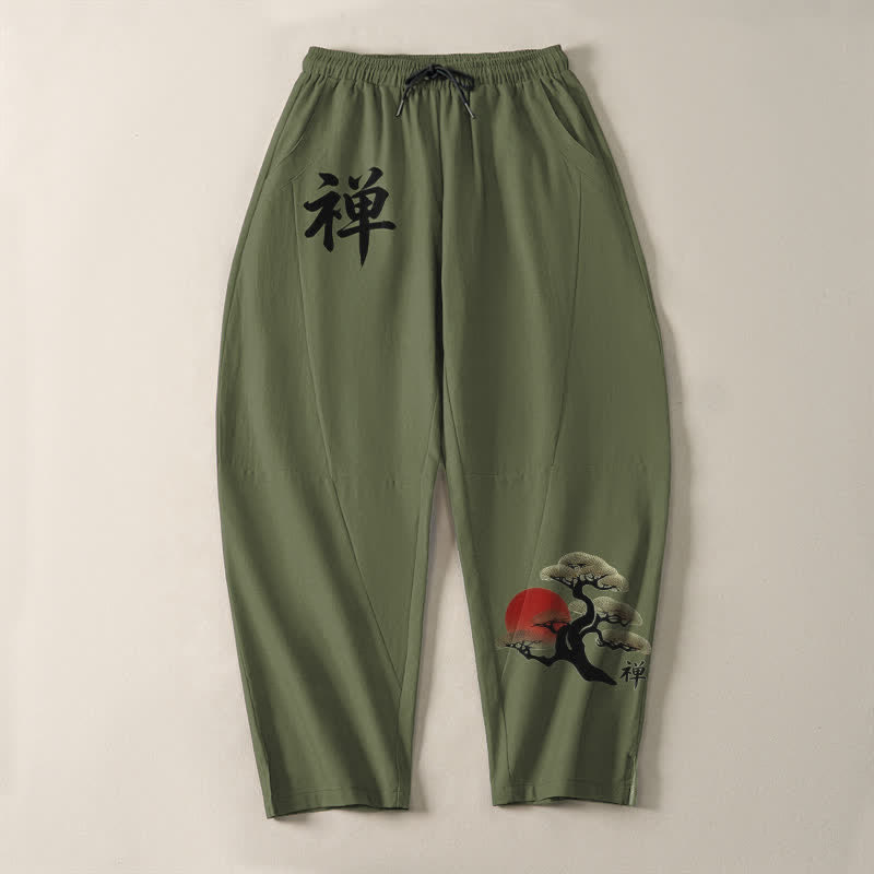 Buddha Stones Pantaloni da uomo affusolati in puro cotone con motivo zen bonsai tramonto e coulisse, con tasche. - image 9