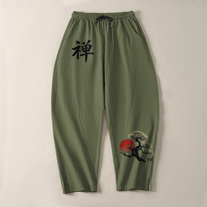 Buddha Stones Pantaloni da uomo affusolati in puro cotone con motivo zen bonsai tramonto e coulisse, con tasche. - image 9