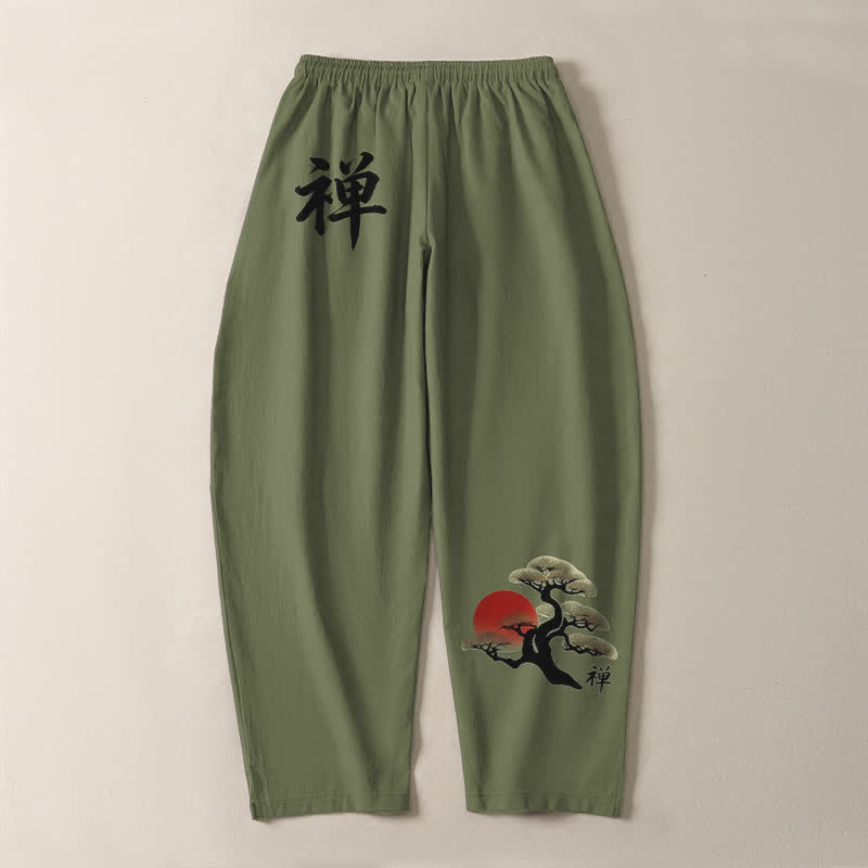 Buddha Stones Pantaloni da uomo affusolati in puro cotone con motivo zen bonsai tramonto e coulisse, con tasche. - image 10