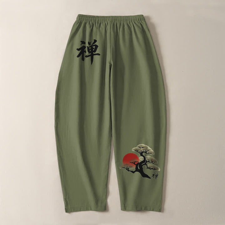 Buddha Stones Pantaloni da uomo affusolati in puro cotone con motivo zen bonsai tramonto e coulisse, con tasche. - image 10