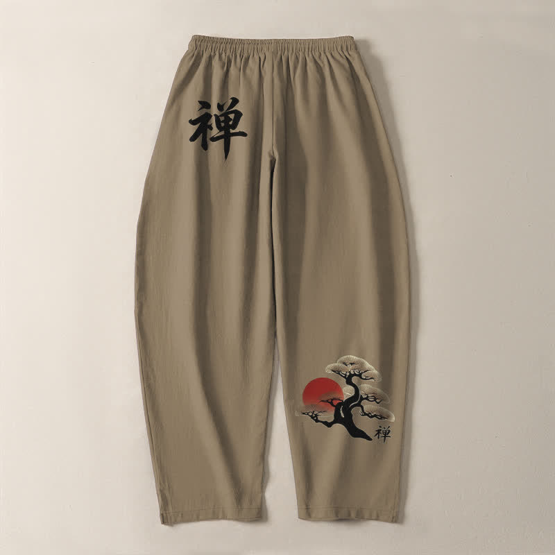 Buddha Stones Pantaloni da uomo affusolati in puro cotone con motivo zen bonsai tramonto e coulisse, con tasche. - image 14
