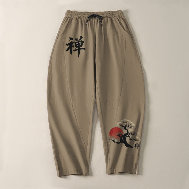 Buddha Stones Pantaloni da uomo affusolati in puro cotone con motivo zen bonsai tramonto e coulisse, con tasche. - image 13