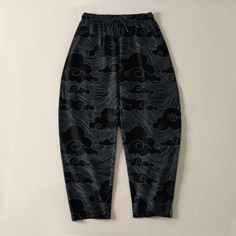 Buddha Stones Pantaloni da uomo affusolati in puro cotone con motivo a onde e nuvole giapponesi, con coulisse e tasche. - image 2