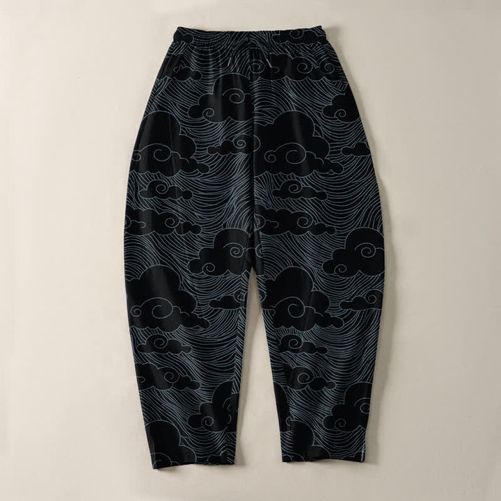 Buddha Stones Pantaloni da uomo affusolati in puro cotone con motivo a onde e nuvole giapponesi, con coulisse e tasche. - image 2