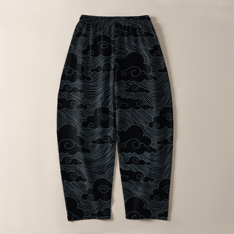 Buddha Stones Pantaloni da uomo affusolati in puro cotone con motivo a onde e nuvole giapponesi, con coulisse e tasche. - image 3