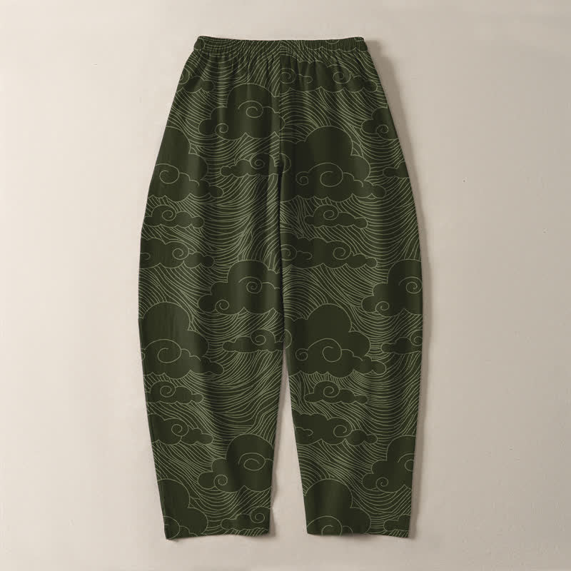 Buddha Stones Pantaloni da uomo affusolati in puro cotone con motivo a onde e nuvole giapponesi, con coulisse e tasche. - image 10