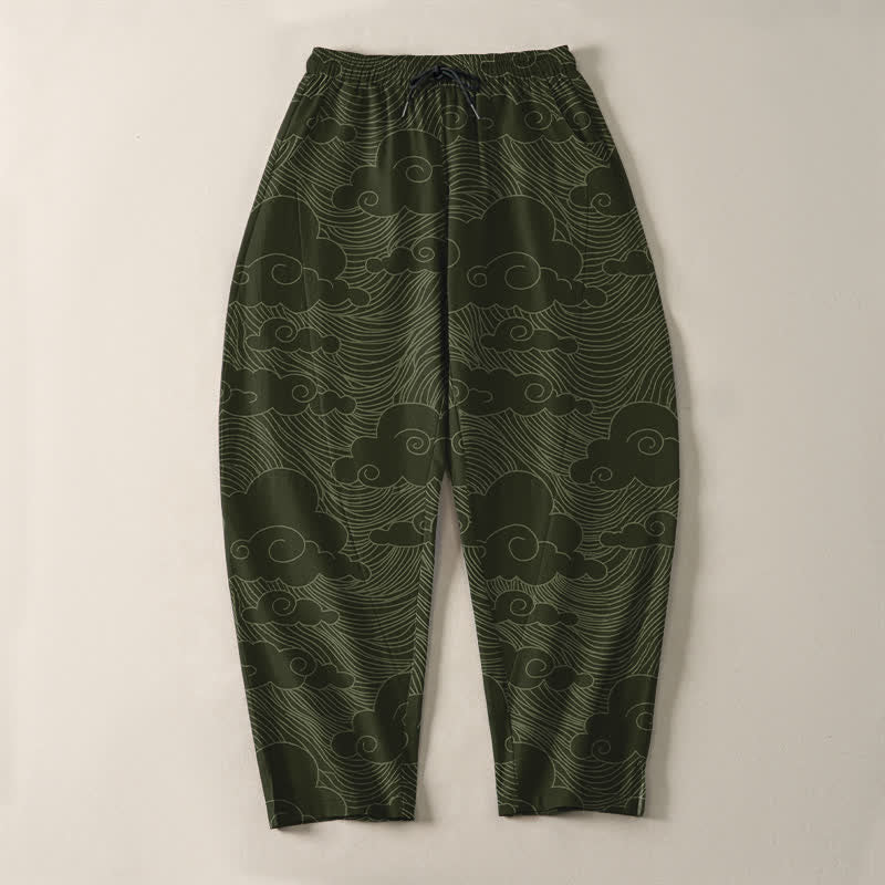 Buddha Stones Pantaloni da uomo affusolati in puro cotone con motivo a onde e nuvole giapponesi, con coulisse e tasche. - image 9