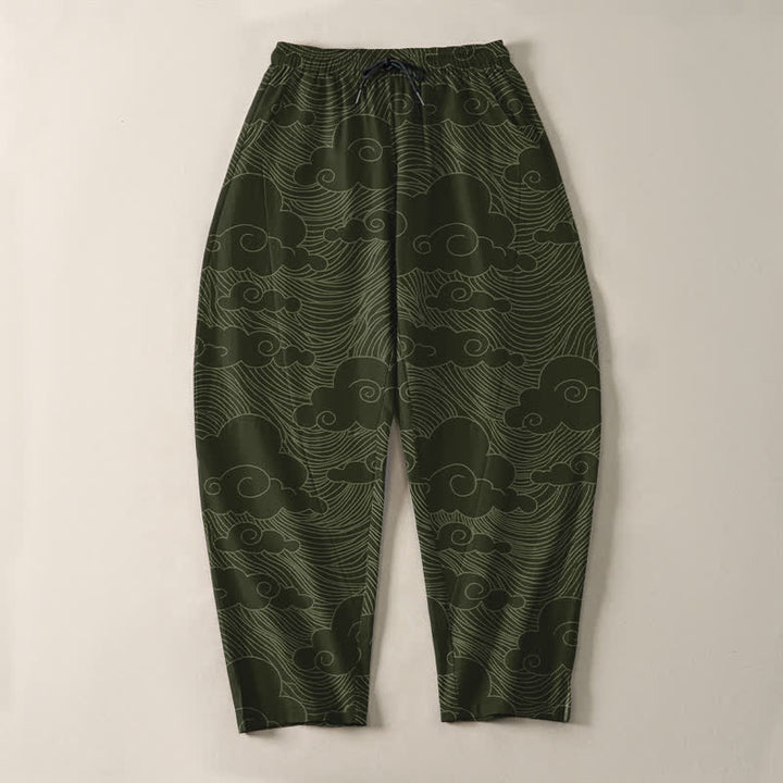 Buddha Stones Pantaloni da uomo affusolati in puro cotone con motivo a onde e nuvole giapponesi, con coulisse e tasche. - image 9