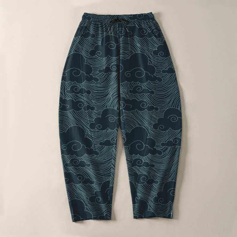 Buddha Stones Pantaloni da uomo affusolati in puro cotone con motivo a onde e nuvole giapponesi, con coulisse e tasche. - image 13