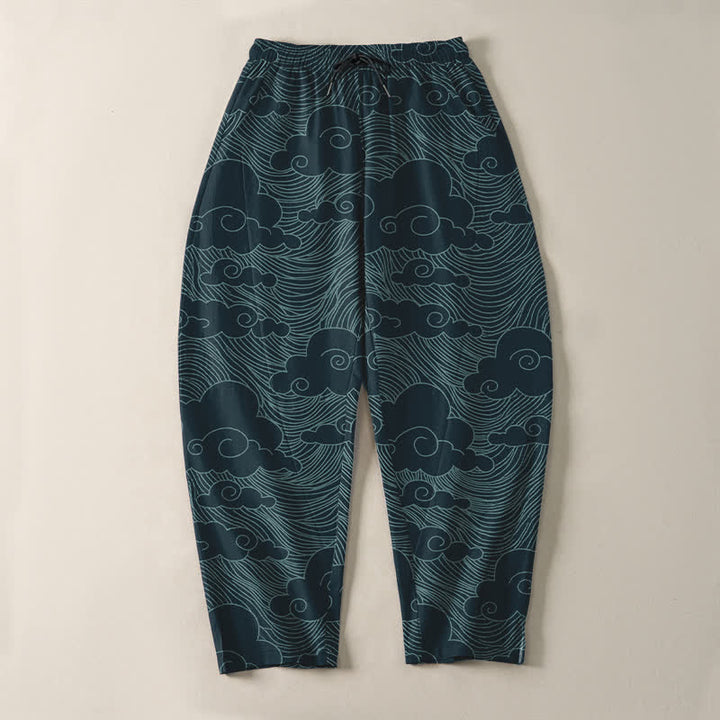 Buddha Stones Pantaloni da uomo affusolati in puro cotone con motivo a onde e nuvole giapponesi, con coulisse e tasche. - image 13
