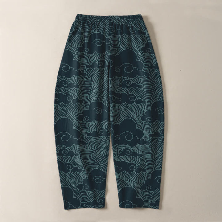 Buddha Stones Pantaloni da uomo affusolati in puro cotone con motivo a onde e nuvole giapponesi, con coulisse e tasche. - image 14