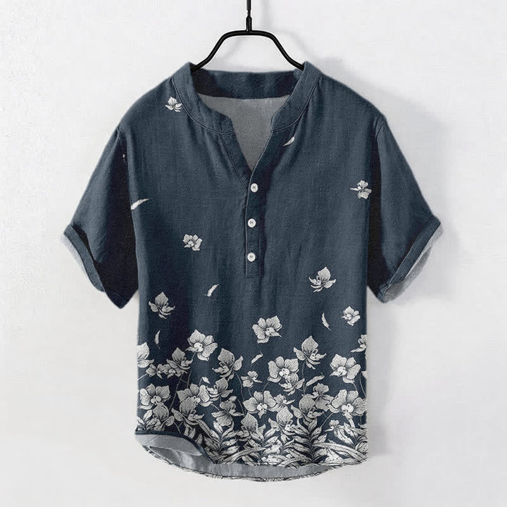 Buddha Stones Camicia da uomo a maniche corte con mezza abbottonatura, in cotone bianco, con orlo a fantasia floreale. - image 0