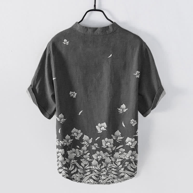 Buddha Stones Camicia da uomo a maniche corte con mezza abbottonatura, in cotone bianco, con orlo a fantasia floreale. - image 6