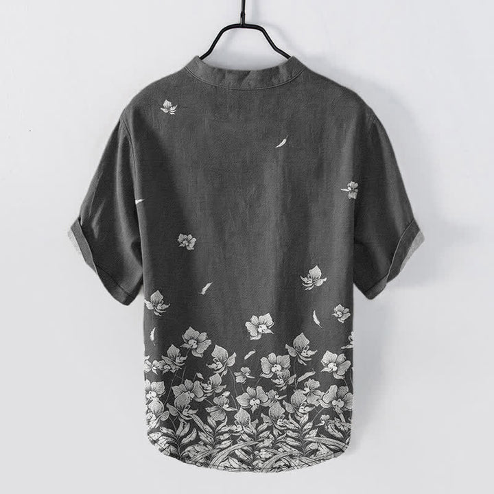 Buddha Stones Camicia da uomo a maniche corte con mezza abbottonatura, in cotone bianco, con orlo a fantasia floreale. - image 6
