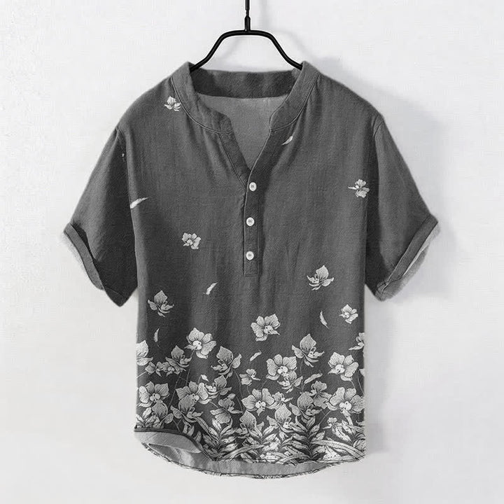 Buddha Stones Camicia da uomo a maniche corte con mezza abbottonatura, in cotone bianco, con orlo a fantasia floreale. - Grigio scuro - US/UK/AU50, EU60 (5XL) - image 5