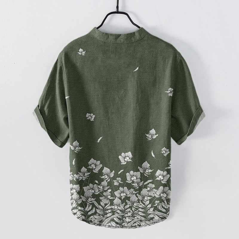 Buddha Stones Camicia da uomo a maniche corte con mezza abbottonatura, in cotone bianco, con orlo a fantasia floreale. - image 8