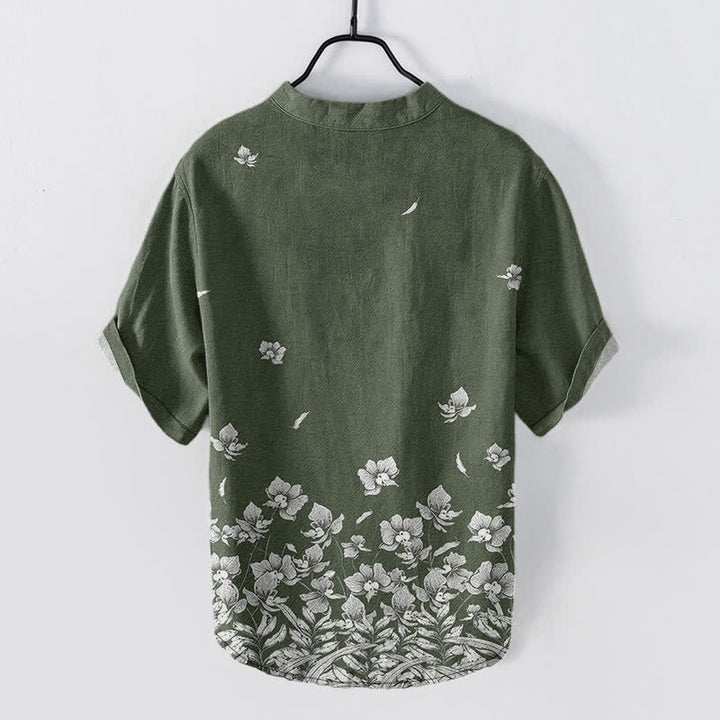 Buddha Stones Camicia da uomo a maniche corte con mezza abbottonatura, in cotone bianco, con orlo a fantasia floreale. - image 8