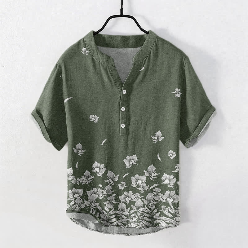 Buddha Stones Camicia da uomo a maniche corte con mezza abbottonatura, in cotone bianco, con orlo a fantasia floreale. - Verde oliva scuro - US/UK/AU50, EU60 (5XL) - image 7