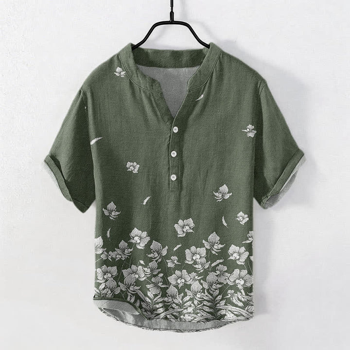 Buddha Stones Camicia da uomo a maniche corte con mezza abbottonatura, in cotone bianco, con orlo a fantasia floreale. - Verde oliva scuro - US/UK/AU50, EU60 (5XL) - image 7