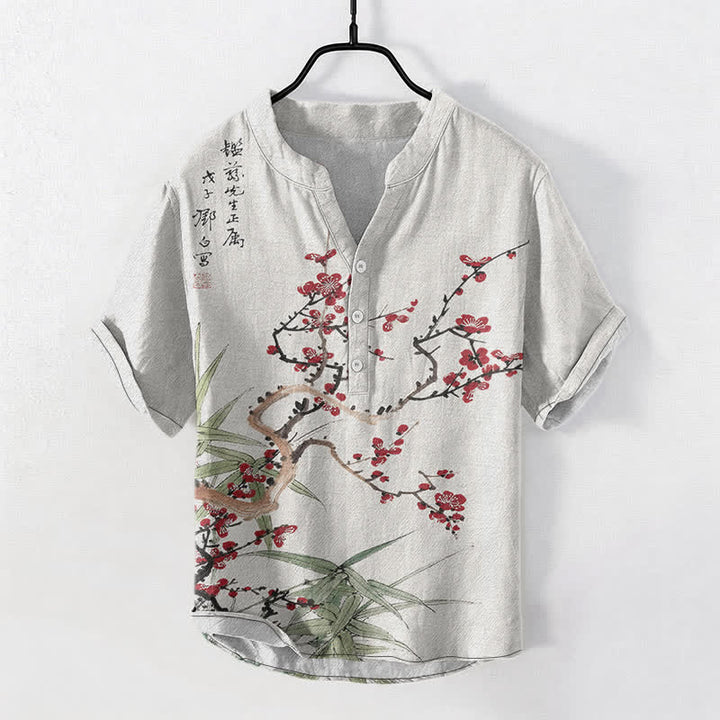 Buddha Stones Camicia da uomo a maniche corte con mezza abbottonatura, in cotone, con motivo a fiori di pruno e bambù. - Bianco - US/UK/AU50, EU60 (5XL) - image 0