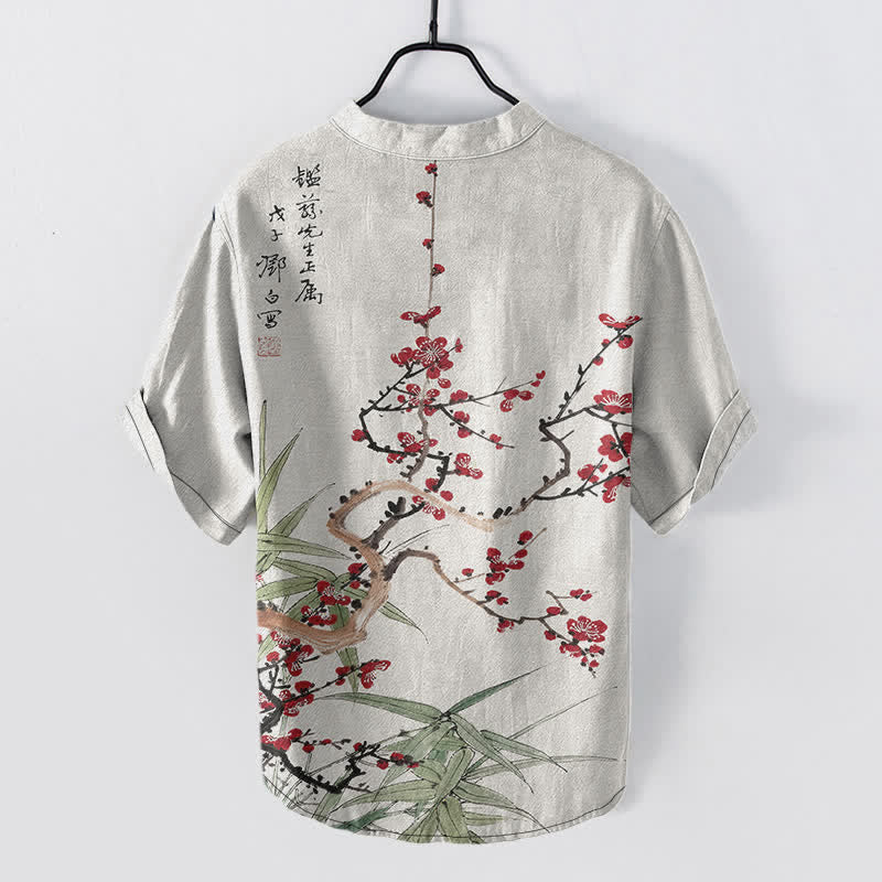 Buddha Stones Camicia da uomo a maniche corte con mezza abbottonatura, in cotone, con motivo a fiori di pruno e bambù. - image 1