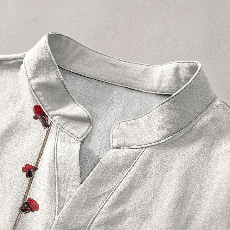 Buddha Stones Camicia da uomo a maniche corte con mezza abbottonatura, in cotone, con motivo a fiori di pruno e bambù. - image 2