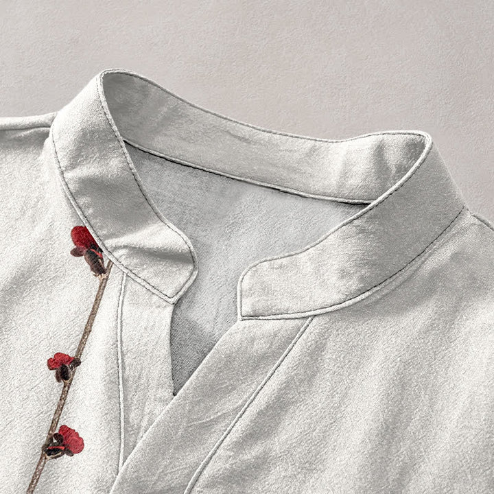 Buddha Stones Camicia da uomo a maniche corte con mezza abbottonatura, in cotone, con motivo a fiori di pruno e bambù. - image 2