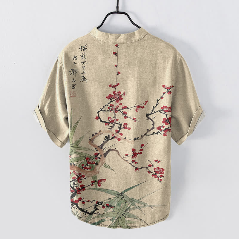 Buddha Stones Camicia da uomo a maniche corte con mezza abbottonatura, in cotone, con motivo a fiori di pruno e bambù. - image 6