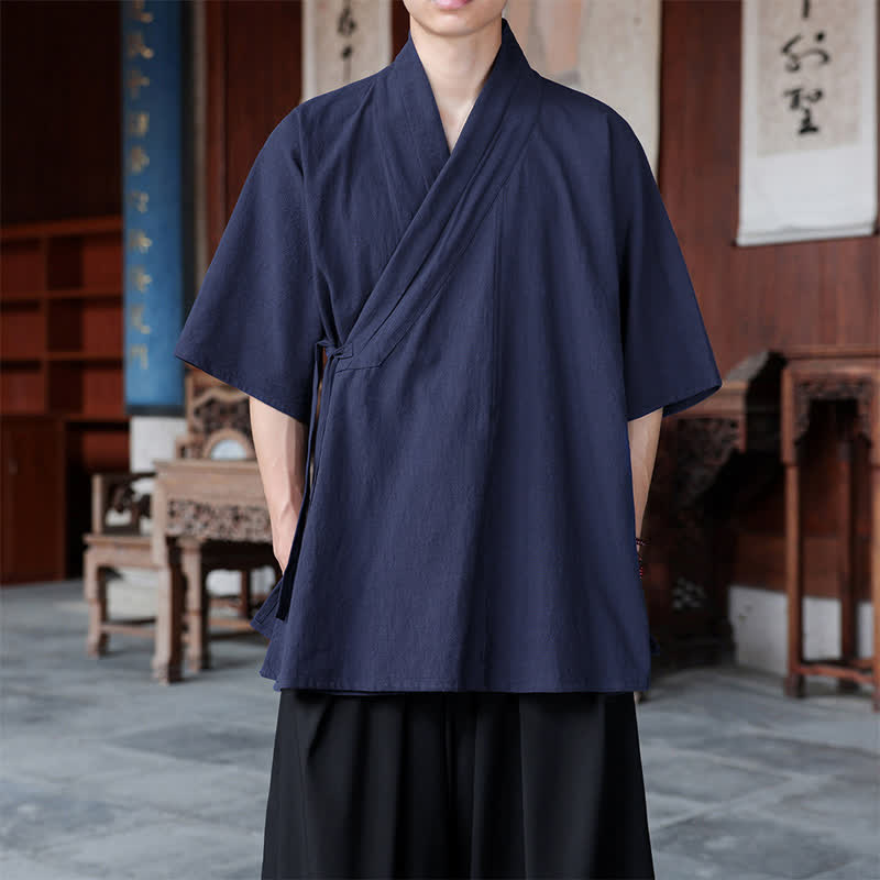 Buddha Stones Camicia da uomo a maniche corte, tinta unita, stile Summer Tang, minimalista, con spacco laterale e taschino. - Marina - US/UK/AU46, EU56 (5XL) - image 0
